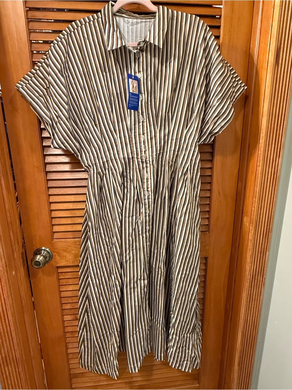 Button-Front Maxi Shirt Dress in Brown & White Stripes